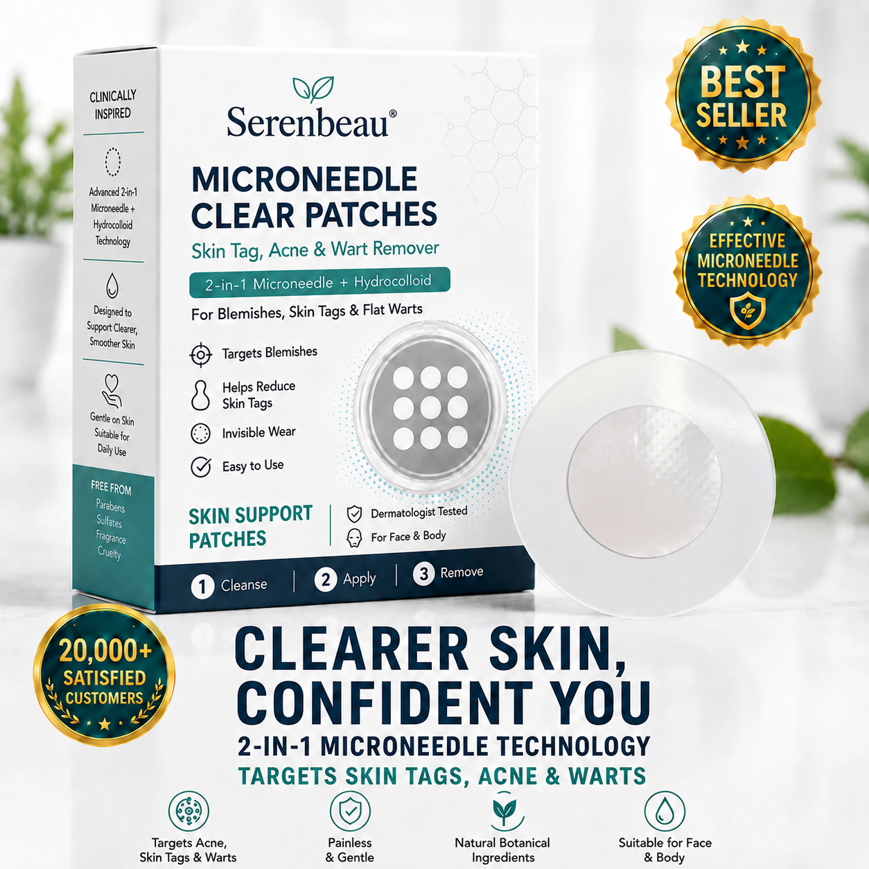 🔥Serenbeau®2-in-1 Microneedle & Hydrocolloid Patch🍀| Removes Raised Moles, Acne, Flat Warts & Skin Tags | Helps Improve Wrinkles, Scars & Blemishes | Invisible Patches for Face & Body